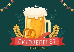 oktoberfest festival cartoon afbeelding met bierglas of fles in traditioneel Duits in vlakke stijl achtergrondontwerp vector