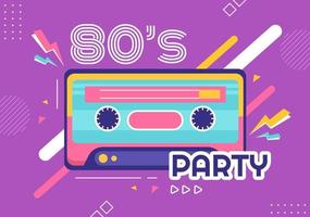 80s partij cartoon achtergrond afbeelding met retro muziek, 1980 radio cassettespeler en disco in oude stijl design vector