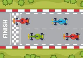 formule race sportwagen bereik op racecircuit de finishlijn cartoon afbeelding om het kampioenschap te winnen in vlakke stijl ontwerp vector