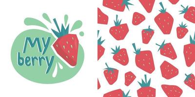 zomerfruit en bessen. aardbei. naadloos patroon van aardbeien. aardbei print en belettering. vector afbeelding.