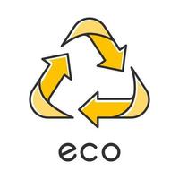 eco label kleur icoon. drie gele schuine pijltekens. recycle symbool. alternatieve energie. milieubeschermingssticker. milieuvriendelijke chemicaliën. biologische cosmetica. geïsoleerde vectorillustratie vector
