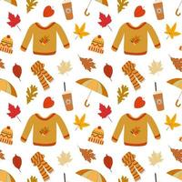 herfst gezellige kleding en pompoen latte naadloos patroon. trui, paraplu, gebreide sjaal, wollen muts, droge herfstbladeren. geïsoleerd op een witte achtergrond. geweldig voor stickers, prints, textiel, wrappers. vector