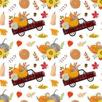 herfst oogst rode vrachtwagen met kleurrijke pompoenen, zonnebloemen, droge bosbladeren. oogst, Thanksgiving Day thema-ontwerp. geïsoleerd op een witte achtergrond. vector