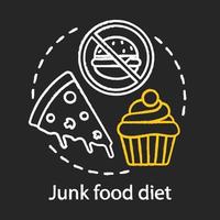 junk food dieet krijt concept icoon. gezonde levensstijl idee. heerlijke cupcake, pizza en hamburger vector geïsoleerde schoolbordillustratie. ongezonde voeding, fastfood en snoeponthouding, gewichtsverlies