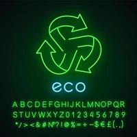 eco-label neonlichtpictogram. drie afgeronde pijlen die uit het middenteken komen. recycle symbool. milieubeschermingssticker. gloeiend bord met alfabet, cijfers, symbolen. vector geïsoleerde illustratie