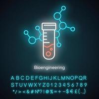 bio-engineering neonlicht icoon. biologische techniek. wetenschappelijk medisch onderzoek. reageerbuis en molecuul. biochemie. gloeiend bord met alfabet, cijfers en symbolen. vector geïsoleerde illustratie