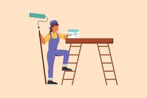 zakelijke platte tekening reparateur schilder in overall staande met verfrolborstel, emmer, ladder. kamer schilder. klusjesman concept. Bouwvakker. cartoon ontwerp vectorillustratie vector