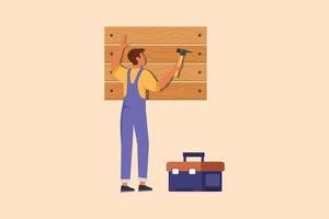 business design tekening professionele werknemer in overalls hameren muur. spijker in hout. bouwwerkzaamheden aan huis. bouw-, constructie- en reparatiewerkzaamheden. platte cartoon stijl vectorillustratie vector