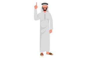 business design tekening gelukkig arabische zakenman wijzende wijsvinger omhoog gebaar. mannelijke manager die de hand opheft of opheft naar boven. emotie en lichaamstaal. platte cartoon stijl vectorillustratie vector