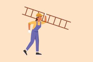 zakelijke platte cartoon stijl tekening repairwoman met ladder. klusjesman werk op afroep. timmerman handvat activiteit op renovatie huis. harde arbeid baan. schilder arbeider. grafisch ontwerp vectorillustratie vector