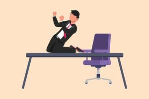 business design tekening gelukkig zakenman geknield met vieren doel pose op tafel bureau. actieve kantoormedewerker viert het succes van het financiële project van het bedrijf. platte cartoon stijl vectorillustratie vector