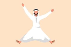 business design tekening gelukkig arabische zakenman springen met gespreide armen en benen. kantoormedewerker viert succes zakelijk project. manager bereiken doel doel. platte cartoon stijl vectorillustratie vector