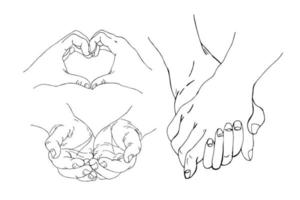 een set schets getekende handen. gebaren, menselijke handen die naar gevoelens wijzen, vector handgetekende stijl