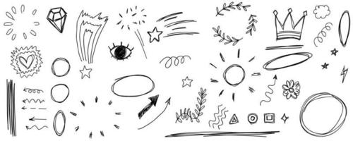 doodle frames lijn pijlen, krabbel, sterren, diamant, kroon. schets set schattig geïsoleerde collectie. vector