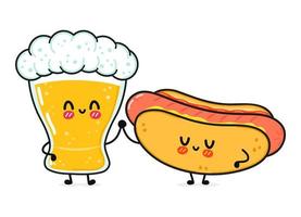 schattig, grappig vrolijk glas bier en hotdog. vector hand getekend kawaii stripfiguren, illustratie pictogram. grappige cartoon glas bier en hotdog mascotte vrienden concept