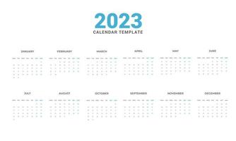 kalender 2023 sjabloon vector, eenvoudig minimaal ontwerp, planner 2023 jaar, wandkalender 2023 jaar, week begint zondag, set van 12 kalender, advertentie, afdrukken, briefpapier, vakantie in blauwe kleuren vector