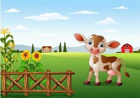 cartoon koe in landelijk landschap met bloeiende bloemen vector