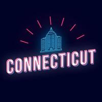 Connecticut vintage 3D-vector belettering. retro vet lettertype, lettertype. popart gestileerde tekst. neonlichtletters in oude schoolstijl. Jaren '90, '80 poster, spandoek. donkere violette kleur achtergrond met wolkenkrabber vector