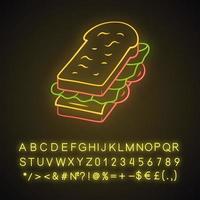 sandwich neon licht icoon. fastfood, ontbijt, schoollunch. sandwich met ham, kaas, salade en geroosterd brood. gloeiend bord met alfabet, cijfers en symbolen. vector geïsoleerde illustratie