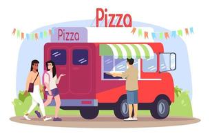 pizza food truck platte vectorillustratie. klaar afhaalmaaltijdenverkoper voertuig op stadspicknick. koper in straatpizzeria, wandelende meisjes geïsoleerde stripfiguren op een witte achtergrond