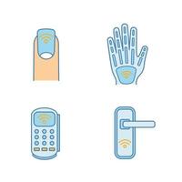 NFC-technologie gekleurde pictogrammen instellen. near field manicure, handimplantaat, pos-terminal, deurslot. geïsoleerde vectorillustraties vector