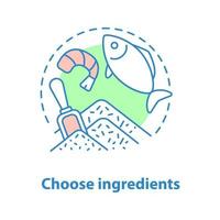 het kiezen van ingrediënten concept icoon. kruidenier idee dunne lijn illustratie. rijst, garnalen, vis. vector geïsoleerde overzichtstekening