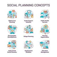 sociale planning concept pictogrammen instellen. maatschappelijke vraagstukken en zorgen. gemeenschap verandert idee dunne lijn kleurenillustraties. geïsoleerde symbolen. bewerkbare streek. vector