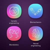 bio-engineering app pictogrammen instellen. genetische manipulatie, biomechanica, biorobotica, neurale manipulatie. biotechnologie. ui ux-gebruikersinterface. web- of mobiele applicaties. geïsoleerde vectorillustraties vector