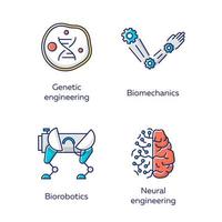 bio-engineering gekleurde pictogrammen instellen. het veranderen van bestaande en het creëren van kunstmatige organismen. genetische manipulatie, biomechanica, biorobotica, neurale manipulatie. biotechnologie. geïsoleerde vectorillustraties vector