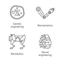 bio-engineering lineaire pictogrammen instellen. genetische manipulatie, biomechanica, biorobotica, neurale manipulatie. biotechnologie. dunne lijn contour symbolen. geïsoleerde vectoroverzichtsillustraties. bewerkbare streek vector