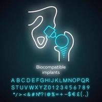 biocompatibele implantaten neonlicht icoon. compatibel met levend weefselmateriaal. kunstgewricht. bio-engineering. gloeiend bord met alfabet, cijfers en symbolen. vector geïsoleerde illustratie