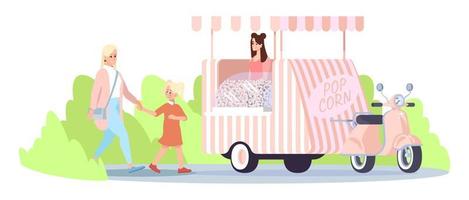 popcorn voedsel vrachtwagen platte vectorillustratie. moeder met dochter die voor het kopen van popcorn bij stadsmarkt loopt. straatvoedselvoertuig, verkoper, kopers geïsoleerde stripfiguren op witte achtergrond vector