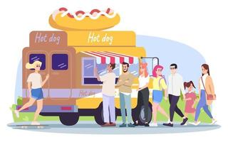hotdog voedsel vrachtwagen platte vectorillustratie. het verkopen van hotdogs bij straatvoertuig. bezoekers van het zomerparkcafé. mensen kopen straatvoedsel, lopen, rijden skateboard geïsoleerde stripfiguren op een witte achtergrond vector