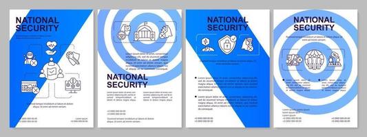 nationale veiligheidsprogramma blauwe brochure sjabloon. bescherming van de staat. folderontwerp met lineaire pictogrammen. 4 vectorlay-outs voor presentatie, jaarverslagen. vector