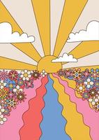 psychedelisch kunstlandschap met zonsondergang, lucht en bloemenveld, hippieillustraties uit de jaren 60 met wolken, golven en zonnestralen. vector hand getekende achtergrond.