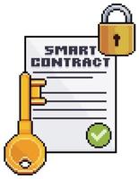 pixel art cryptocurrency slim contract. papier, sleutel en hangslot vectorpictogram voor 8bit-spel op witte achtergrond vector