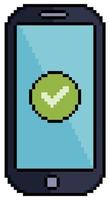 Pixel art mobiele telefoon met aangevinkt pictogram vector pictogram voor 8-bits spel op witte achtergrond