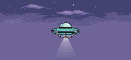 pixelart ufo in de nachtelijke hemel. buitenaards ruimteschip dat met lichten aan vliegt. 8 bit vector achtergrond