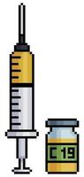 pixel art vaccin covid 19 spuit en ampul icoon voor 8bit game op witte achtergrond vector