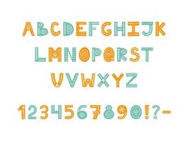 kleurrijke Scandinavische sierlijke alfabet met bloemen en lijnen. folk lettertype met letters, cijfers en leestekens. Latijns alfabet in Scandinavische stijl. vector