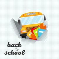 een gescheurd vel ruitjespapier met schoolbus en schoolgereedschap. terug naar schoolconcept. vectorillustratie, banner, bestemmingspagina vector