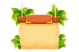 jungle houten hangend frame, banner met oud perkament en touw in cartoon stijl geïsoleerd op een witte achtergrond. oud uithangbord. ui game-item, menu. vector illustratie