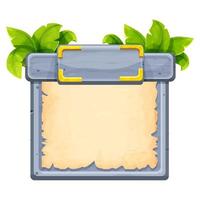 stenen jungle frame met perkament, menu bord versierd met planten, bladeren in cartoon stijl geïsoleerd op een witte achtergrond. ui game-asset-interface. vector illustratie