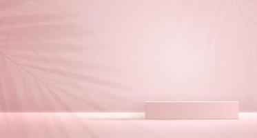 cosmetische roze achtergrond en premium podiumdisplay voor productpresentatie branding en verpakkingspresentatie. studiopodium met schaduw van bladachtergrond. vector illustratie ontwerp