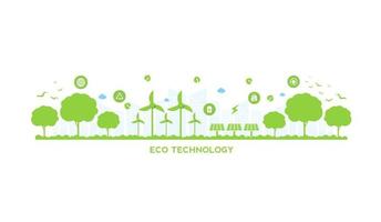 ecotechnologie of milieuconcept moderne groene stad en plantenblad dat binnen groeit. milieuvriendelijke stedelijke levensstijl met pictogrammen via de netwerkverbinding. vector ontwerp