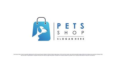 dierenwinkel logo ontwerp met hond, kat icoon en boodschappentas concept premium vector