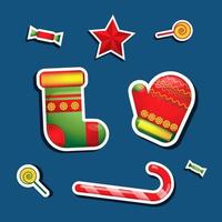 kerst vectorstickers. illustratie met afbeelding van boom, spar, sokken, ster en snoep vector