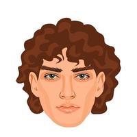 brunette man hoofd geïsoleerd op een witte achtergrond. knappe mannelijke avatar. mooi gezicht met gedetailleerde ogen, neus en lippen. krullend kapsel vector