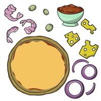 pizza met garnalen, een set pictogrammen voor het maken van pizza met garnalen en andere ingrediënten vectorillustratie in cartoon-stijl op een witte achtergrond vector