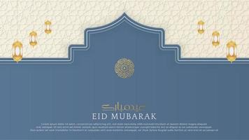 eid mubarak islamitische arabische blauwe luxe achtergrond met patroon grenskader en prachtige decoratieve lantaarns vector